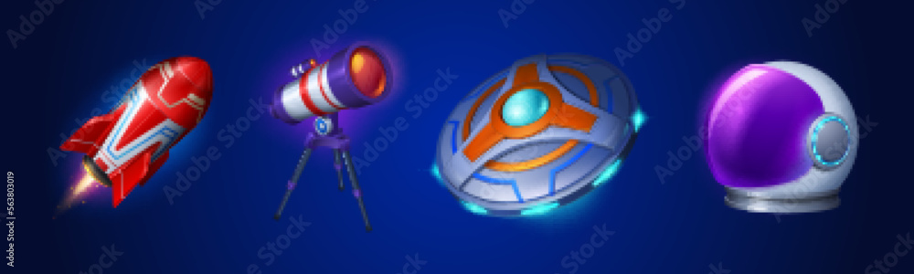 Poster cartoon set of space objects isolated on background. vector illustration of colorful flying rocket w