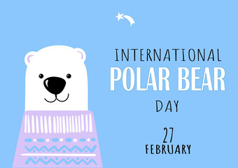 International Polar Bear Day vector. Big polar bear icon vector isolated on a blue background. Polar Bear Day Poster, February 27. Cute polar bears in sweaters.