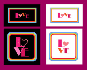 Variants of compositions with the word love and with a rainbow-colored frame