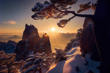 In the winter, after a snowfall, the sunrise at Huangshan Mountain in China is a breathtaking sight.