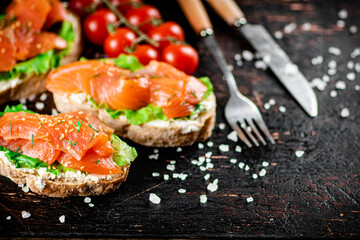 Salmon sandwich on the table with tomatoes and salt. 