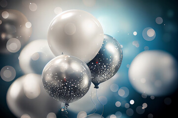 Obraz na płótnie Canvas Festlicher Hintergrund mit Luftballons und Konfetti mit unscharfen Hintergrund und Bokeh Lichter - Generative Ai
