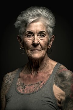 Studio waist up Portrait of an Old tattooed caucasian lady posing in sleeveless t-shit looking at the camera on black background