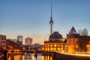 View along the river Spree to the famous TV Tower in Berlin before sunrise