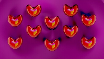 Un conjunto de corazones rojos con un fondo violeta