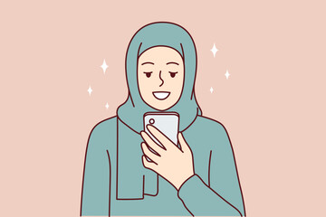 Muslim woman smiling using mobile phone for text messaging or visiting islamic sites. Girl with hair covered with niqab or paranja rejoices after receiving email in smartphone. Flat vector design 