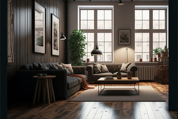 modern design living room wooden minimalist vintage. Generative AI