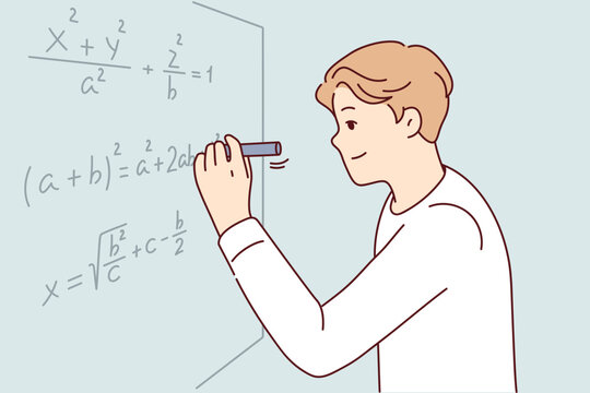 Man solves complex mathematical problems by completing tasks of university teacher. Smart guy in white shirt is using marker to write formula on blackboard during algebra exam. Flat vector design 
