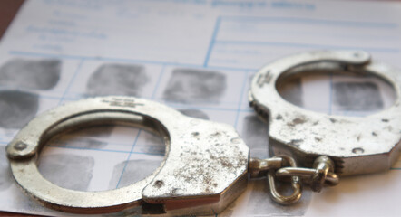 Corruption concept.Police handcuffs on fingerprint crime page file. - obrazy, fototapety, plakaty