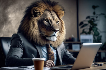 portrait of a lion wearing a suit in the office, generative ai