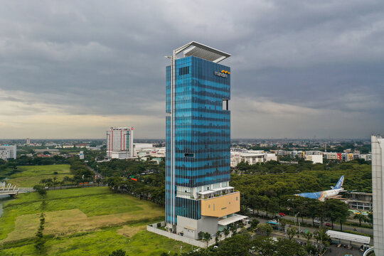 Aerial view of central business district with Mandiri towers in Bekasi. Bekasi, Indonesia, January 23, 2023