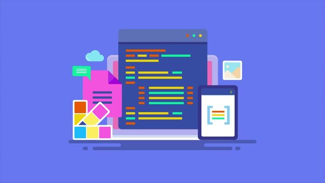 Web UI UX design and web application development software programming coding concept on mobile and laptop device screen animation.