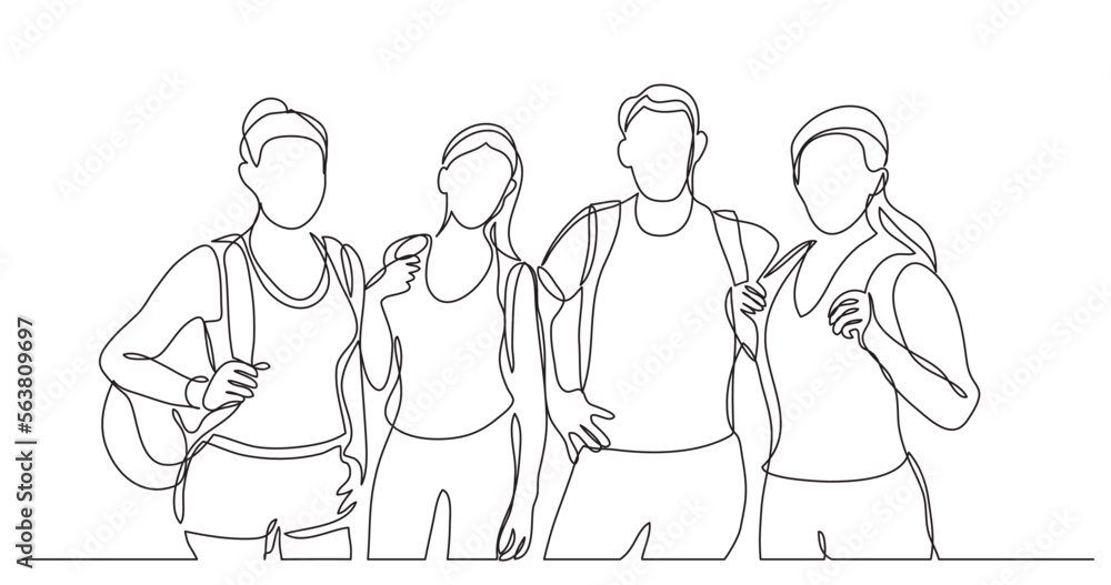 Poster continuous line drawing vector illustration with fully editable stroke of team of happy campers with
