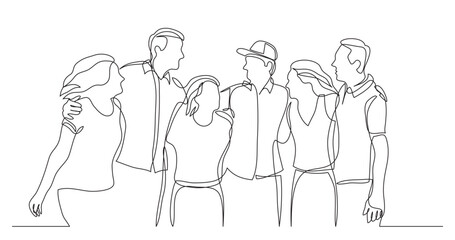 Obraz premium continuous line drawing vector illustration with FULLY EDITABLE STROKE of group of happy friends standing together and laughing