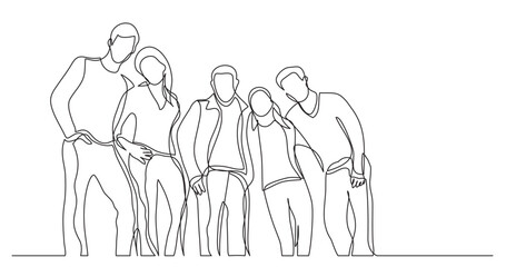 continuous line drawing vector illustration with FULLY EDITABLE STROKE of group of young student friends standing together posing smiling