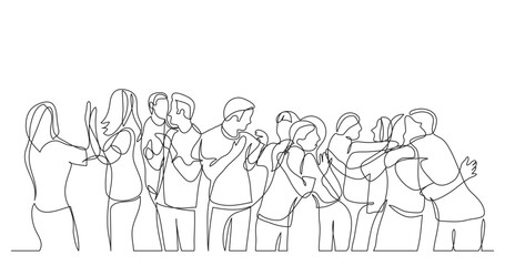 continuous line drawing vector illustration with FULLY EDITABLE STROKE of large team of friends cheering and celebrating success