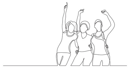 continuous line drawing vector illustration with FULLY EDITABLE STROKE of team of african american female activists standing together as winners