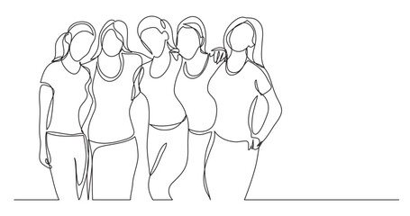 continuous line drawing vector illustration with FULLY EDITABLE STROKE of team of young female athletes standing together