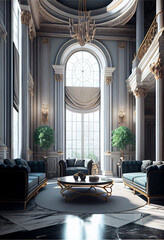 Fototapeta na wymiar Stunning interior design, marble floor, High ceilings, High glass windows, Generative AI