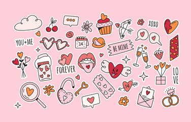 Vector valentines day stickers in doodle style on white background