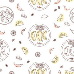 Seamless pattern with Mexican Empanadas with on white background. Vector illustration latin american food in linear doodle style for wallpaper, packaging, textile