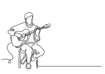continuous line drawing vector illustration with FULLY EDITABLE STROKE of sitting guitarist playing guitar - obrazy, fototapety, plakaty