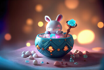 Cute rabbit bunny in the container. Magical fantasy concept. Generative AI