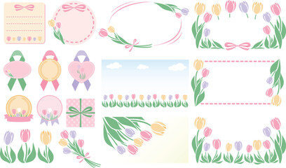Fototapeta na wymiar シンプル可愛い春のお花のチューリップフレームとイラストのセットベクター素材_ピンク黄色紫色_文字なし