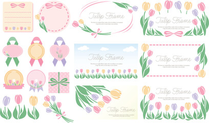 シンプル可愛い春のお花のチューリップフレームとイラストのセットベクター素材_ピンク黄色紫色_横長 - obrazy, fototapety, plakaty