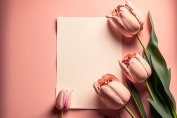Pink tulip flower and empty paper.Spring bloom concept. Natural romantic love layout. Flat lay. Generative AI