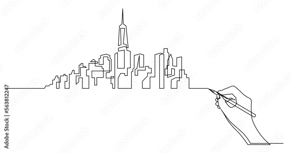 Wall mural continuous line drawing vector illustration with FULLY EDITABLE STROKE of business concept sketch of city buildings skyline