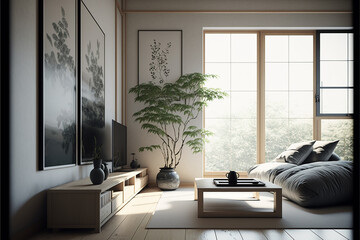 minimalist design living room japan style. Generative AI