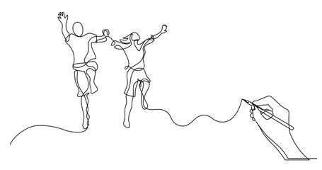 continuous line drawing vector illustration with FULLY EDITABLE STROKE of business concept sketch of happy jumping couple