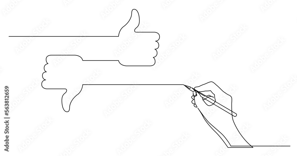 Poster continuous line drawing vector illustration with FULLY EDITABLE STROKE of business concept sketch of like and dislike hand gestures