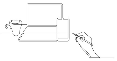 continuous line drawing vector illustration with FULLY EDITABLE STROKE of business concept sketch of laptop computer mobile phone