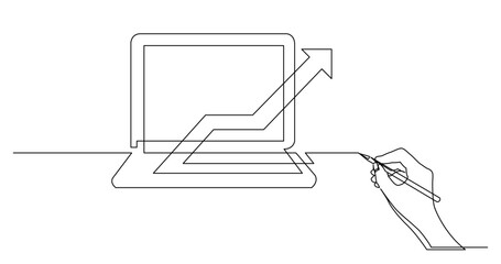 continuous line drawing vector illustration with FULLY EDITABLE STROKE of business concept sketch of laptop computer with rising chart arrow