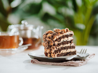 Piece of caramel and chocolate sponge cake