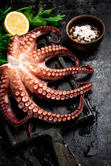 Fototapeta premium Tentacles of a fresh octopus on a cutting board. 