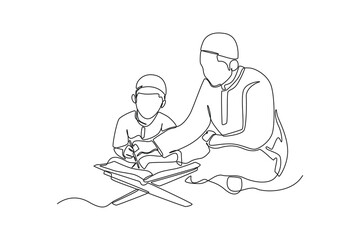 Continuous one line drawing happy father teaching Quran to his son in the month of Ramadan. Ramadan activity concept. Single line draw design vector graphic illustration.