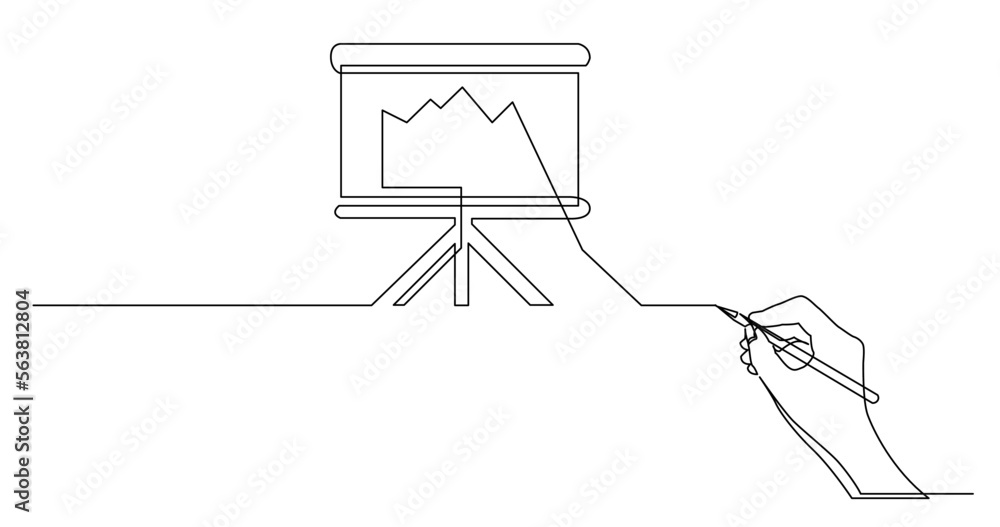 Poster continuous line drawing vector illustration with FULLY EDITABLE STROKE of business concept sketch of presentation board with falling diagram