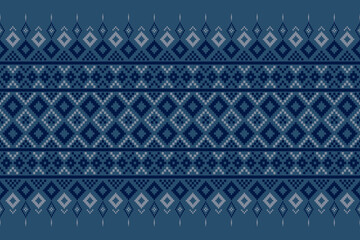 Obraz premium Indigo navy blue geometric traditional ethnic pattern Ikat seamless pattern border abstract design for fabric print cloth dress carpet curtains and sarong Aztec African Indian Indonesian 