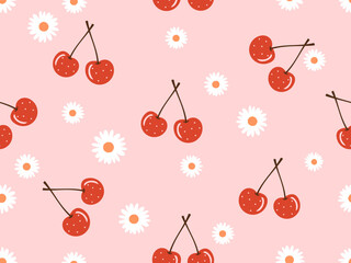 Seamless pattern of cherry fruit with daisy flower on pink background vector.