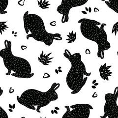 Rabbit silhouette on a white background.  Seamless pattern for print.
