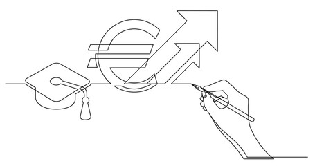 continuous line drawing vector illustration with FULLY EDITABLE STROKE of business concept sketch of rising cost of education in euro