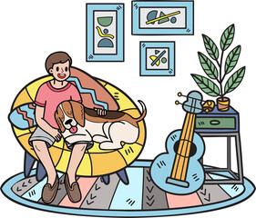 Hand Drawn owner and dog are sleeping in the room illustration in doodle style