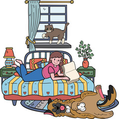 Hand Drawn owner is lying in the room reading a book with the dog and cat illustration in doodle style