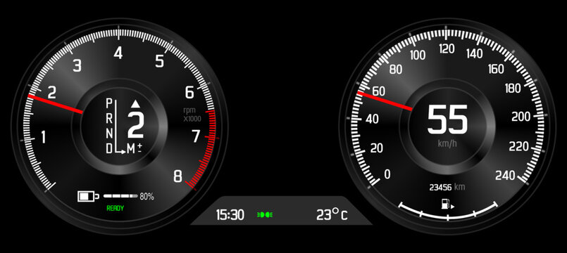 Hybrid car driver display on black background, vector rendering

