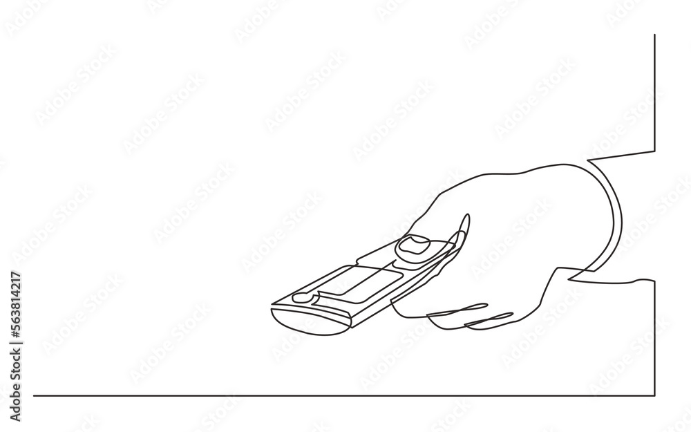 Poster continuous line drawing vector illustration with fully editable stroke of hand clicking remote contr