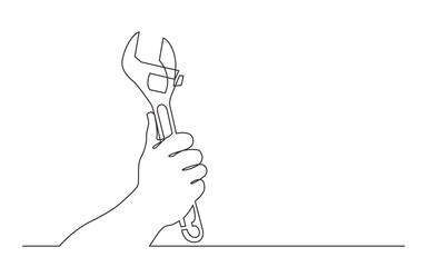 continuous line drawing vector illustration with FULLY EDITABLE STROKE of hand holding adjustable wrench spanner