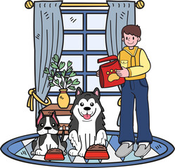 Hand Drawn male owner Feeding the dog in the room illustration in doodle style